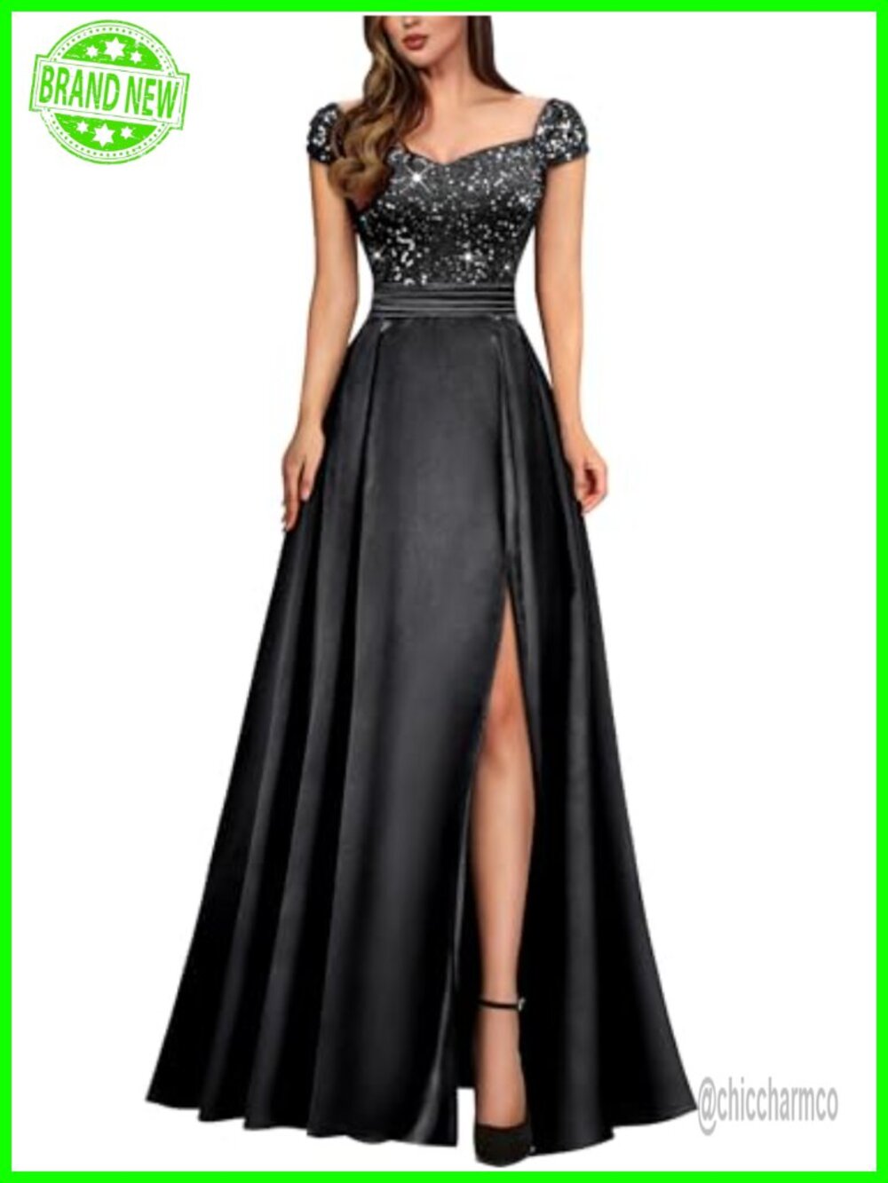 Sequin Satin V-Neck Cap Sleeve Split Maxi Bridesmaid Gown